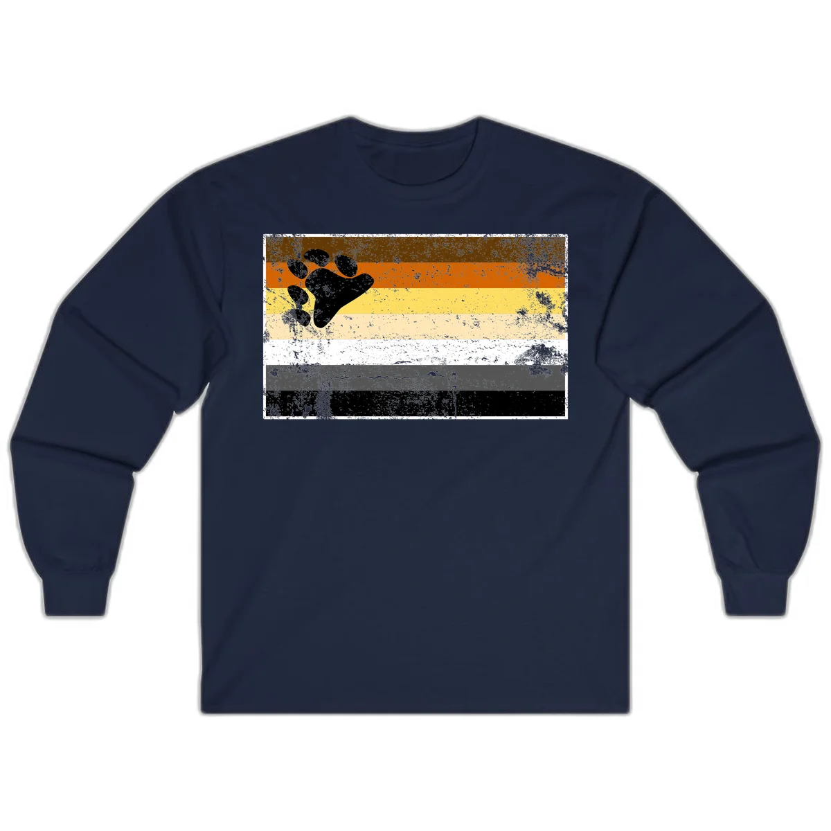 Black bear paw print on distressed horizontal striped pride flag in brown, orange, yellow, tan, white, gray and black colors in Navy