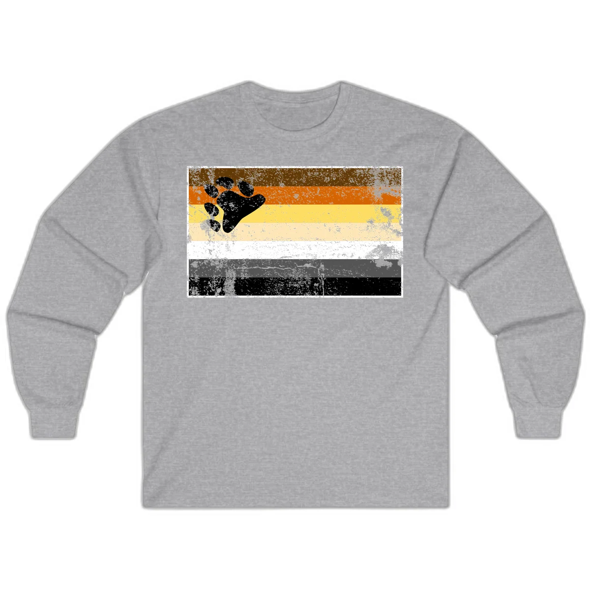 Black bear paw print on distressed horizontal striped pride flag in brown, orange, yellow, tan, white, gray and black colors in Sport Grey
