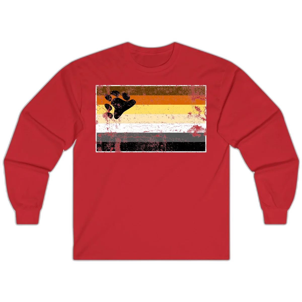 Black bear paw print on distressed horizontal striped pride flag in brown, orange, yellow, tan, white, gray and black colors in Red
