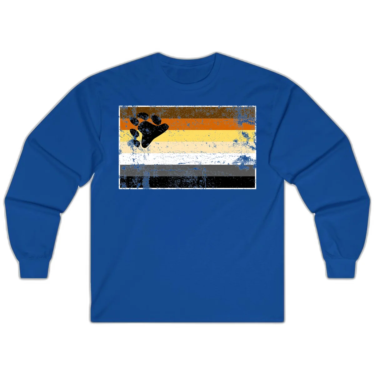 Black bear paw print on distressed horizontal striped pride flag in brown, orange, yellow, tan, white, gray and black colors in Royal