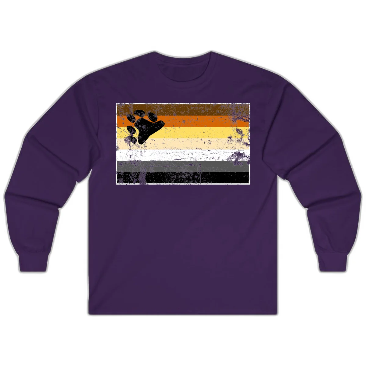 Black bear paw print on distressed horizontal striped pride flag in brown, orange, yellow, tan, white, gray and black colors in Purple