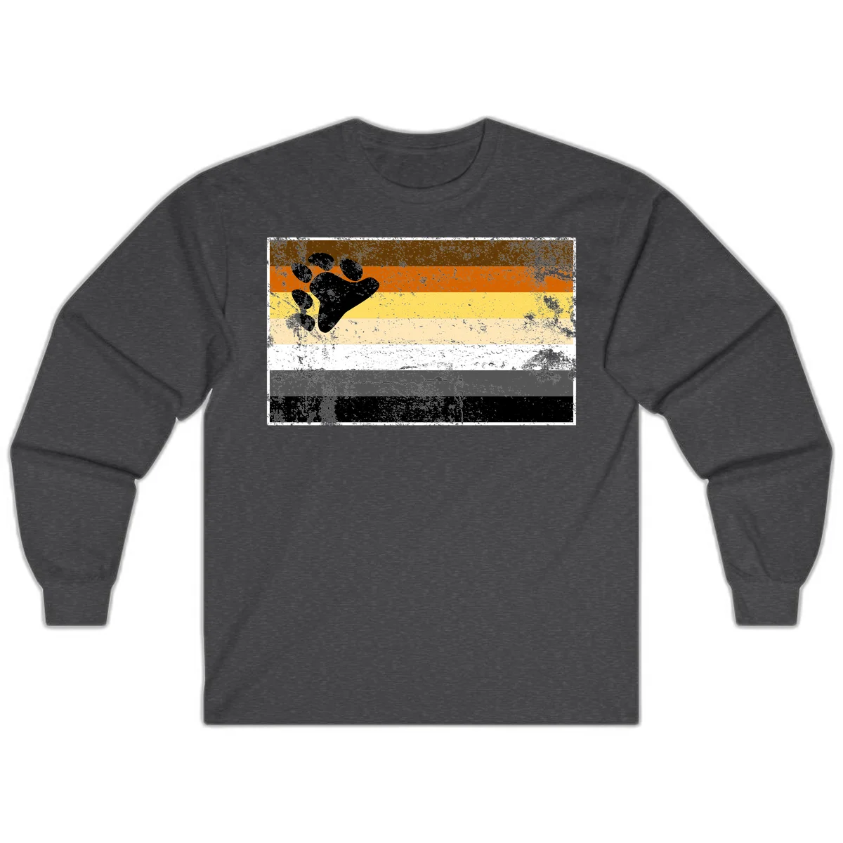 Black bear paw print on distressed horizontal striped pride flag in brown, orange, yellow, tan, white, gray and black colors in Dark Heather