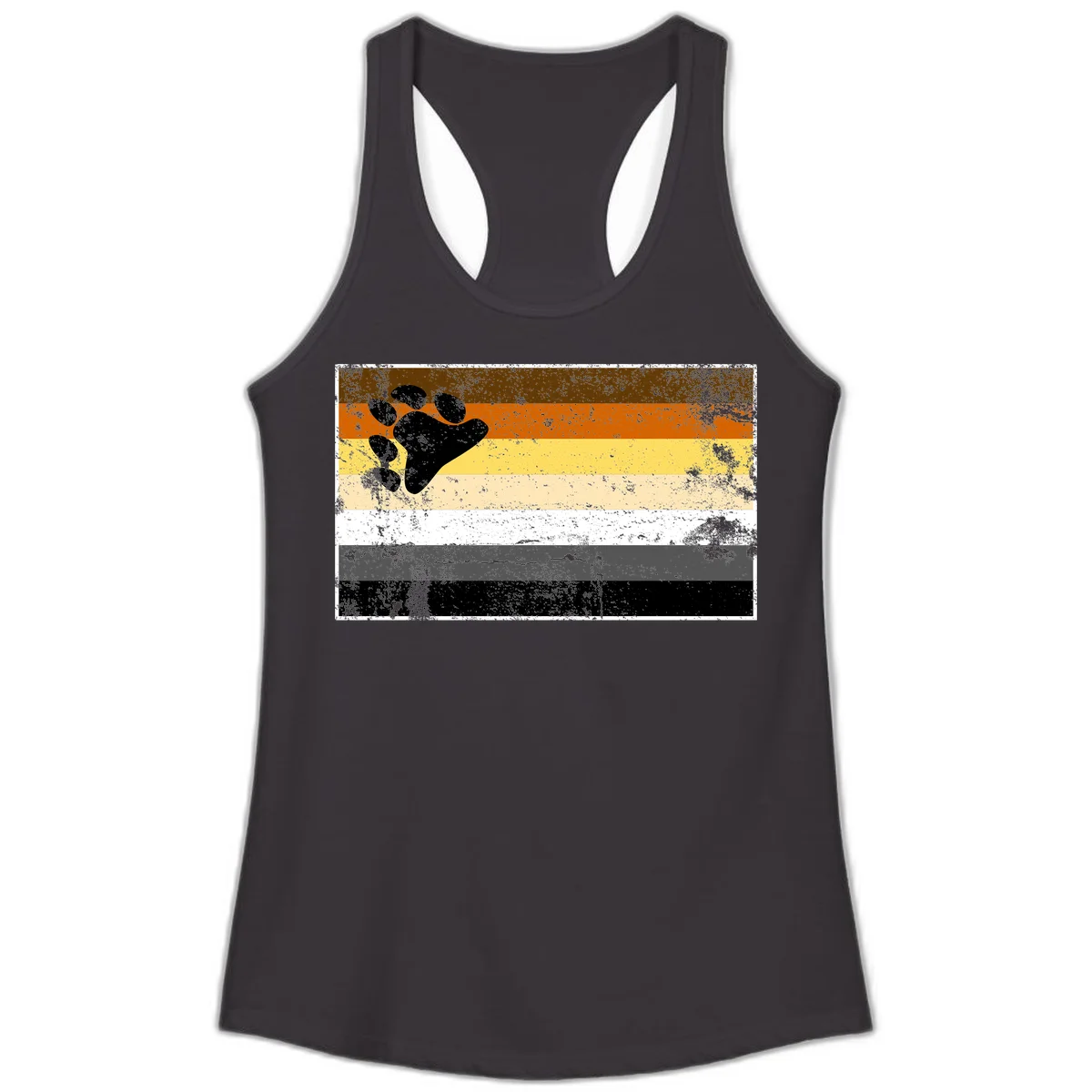 Black bear paw print on distressed horizontal striped pride flag in brown, orange, yellow, tan, white, gray and black colors in Black