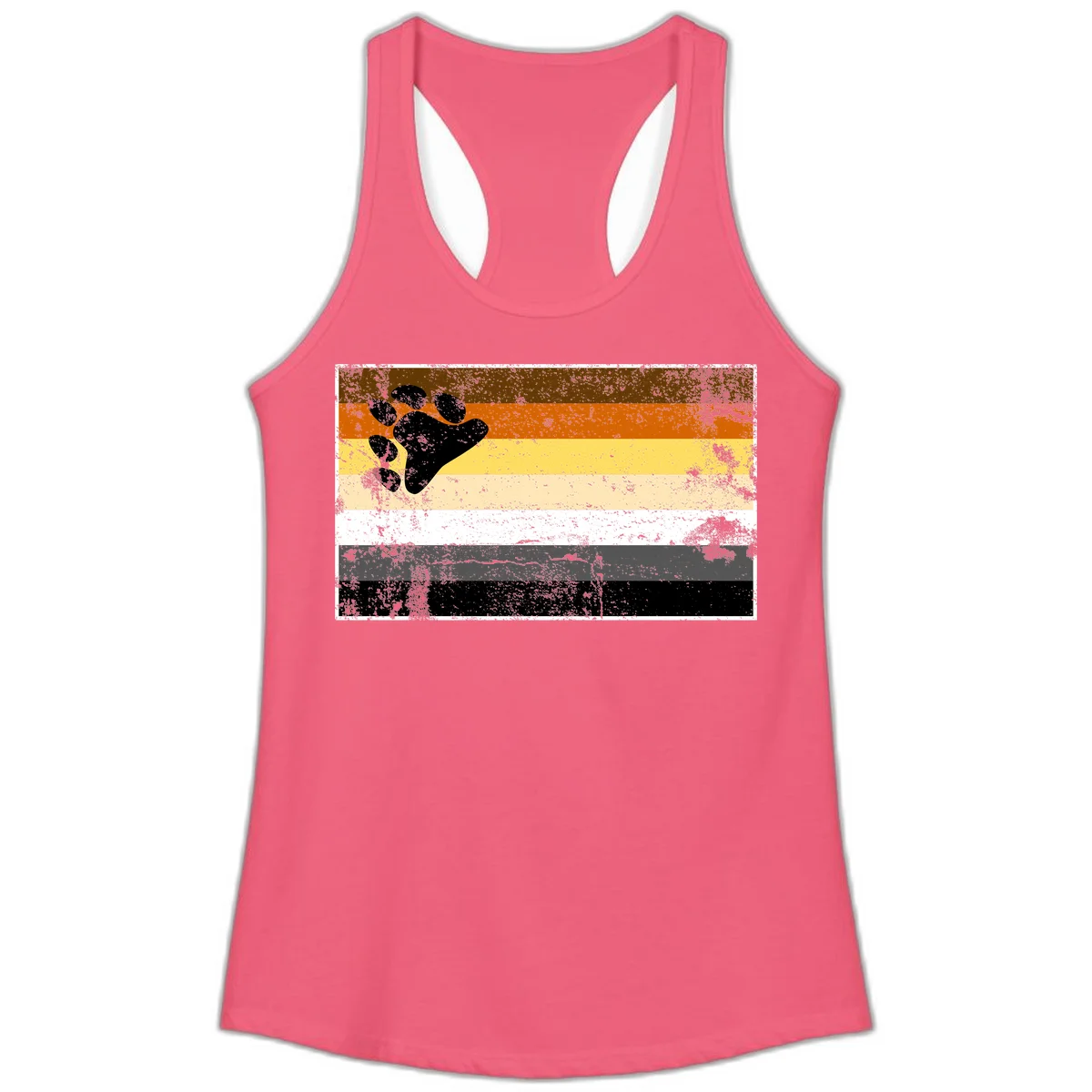 Black bear paw print on distressed horizontal striped pride flag in brown, orange, yellow, tan, white, gray and black colors in Hot Pink