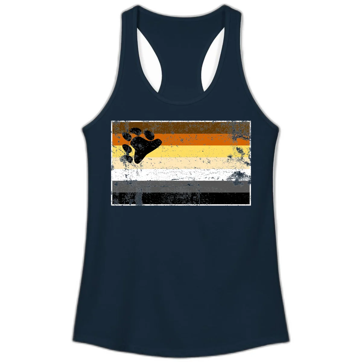 Black bear paw print on distressed horizontal striped pride flag in brown, orange, yellow, tan, white, gray and black colors in Solid Midnight Navy