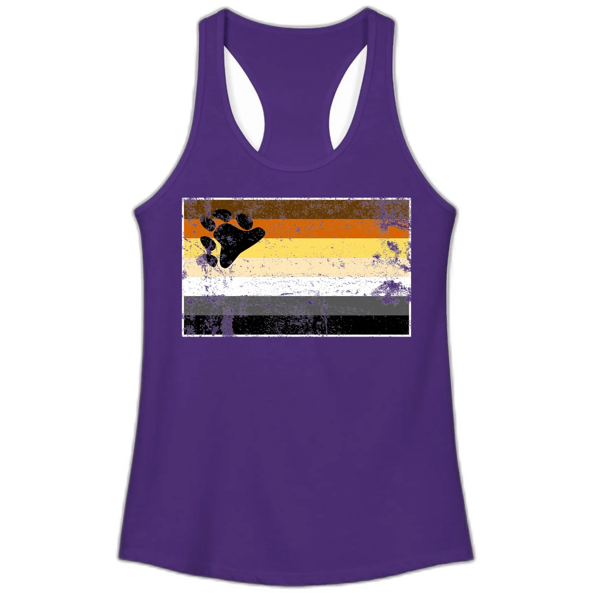 Black bear paw print on distressed horizontal striped pride flag in brown, orange, yellow, tan, white, gray and black colors in Solid Purple Rush