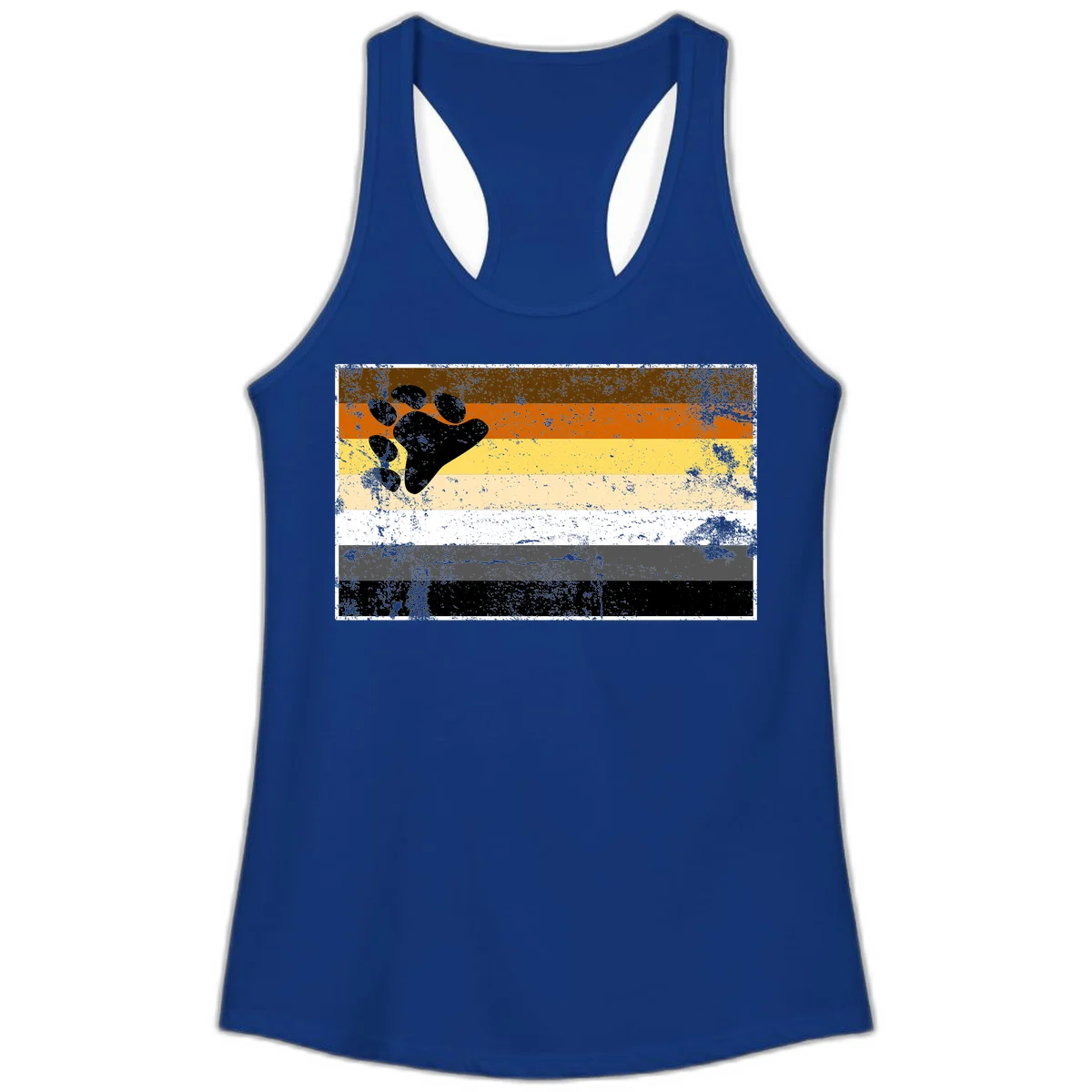 Black bear paw print on distressed horizontal striped pride flag in brown, orange, yellow, tan, white, gray and black colors in Solid Royal