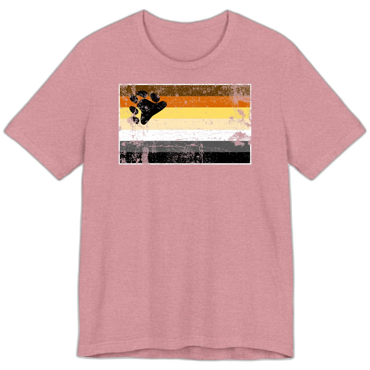 Black bear paw print on distressed horizontal striped pride flag in brown, orange, yellow, tan, white, gray and black colors in Heather Orchid