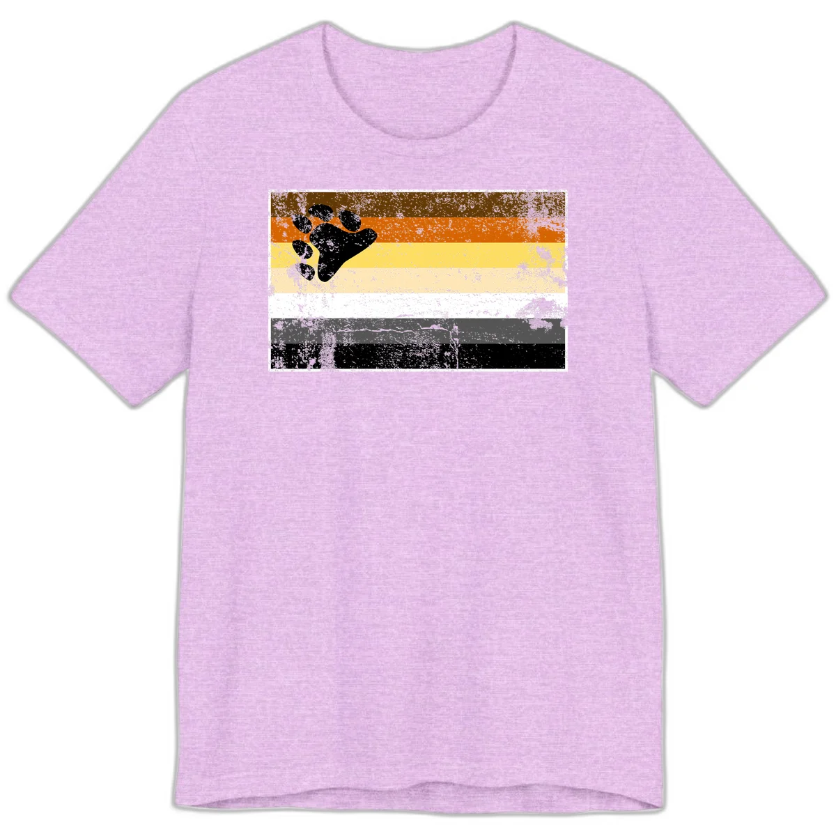 Black bear paw print on distressed horizontal striped pride flag in brown, orange, yellow, tan, white, gray and black colors in Heather Prism Lilac