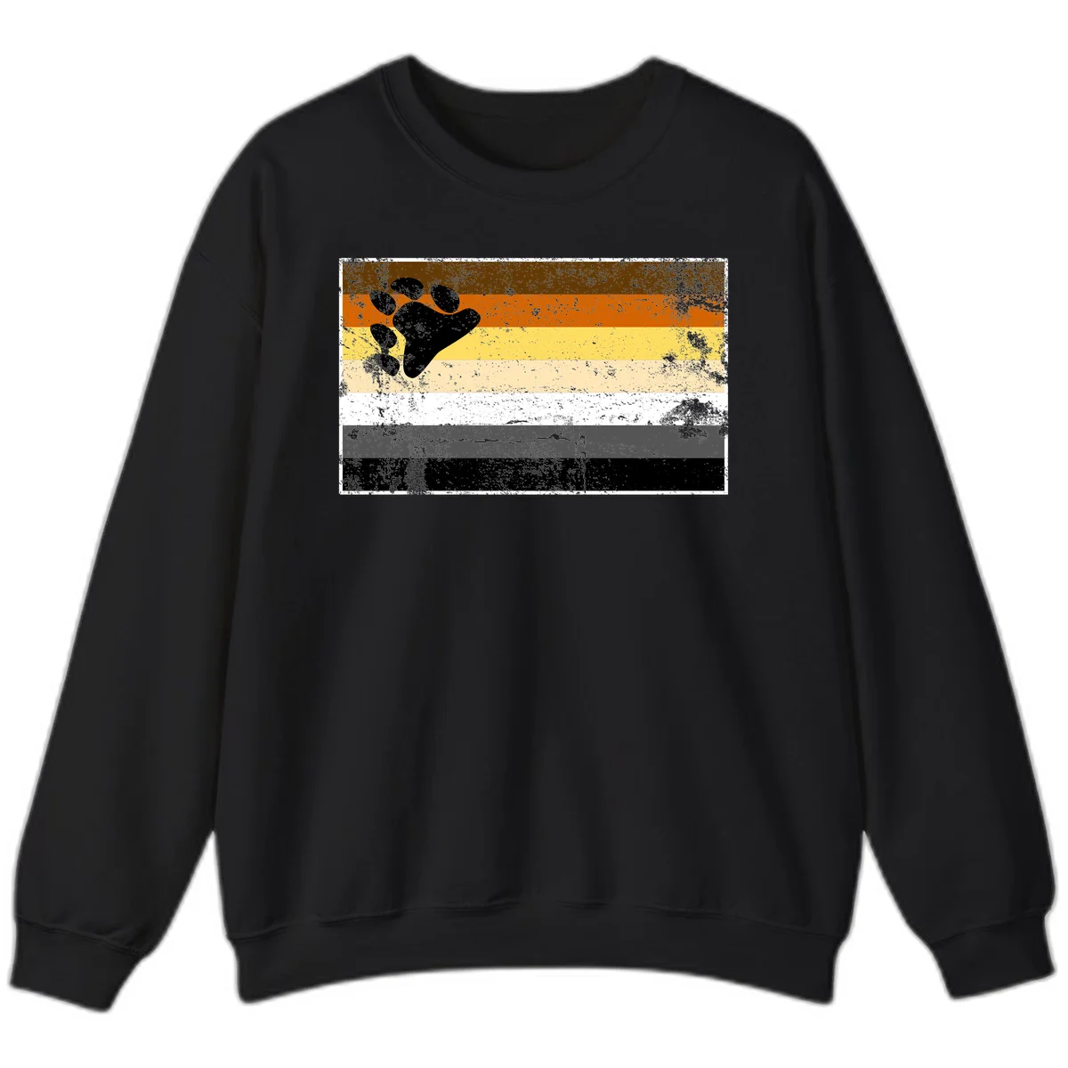 Black bear paw print on distressed horizontal striped pride flag in brown, orange, yellow, tan, white, gray and black colors in Black