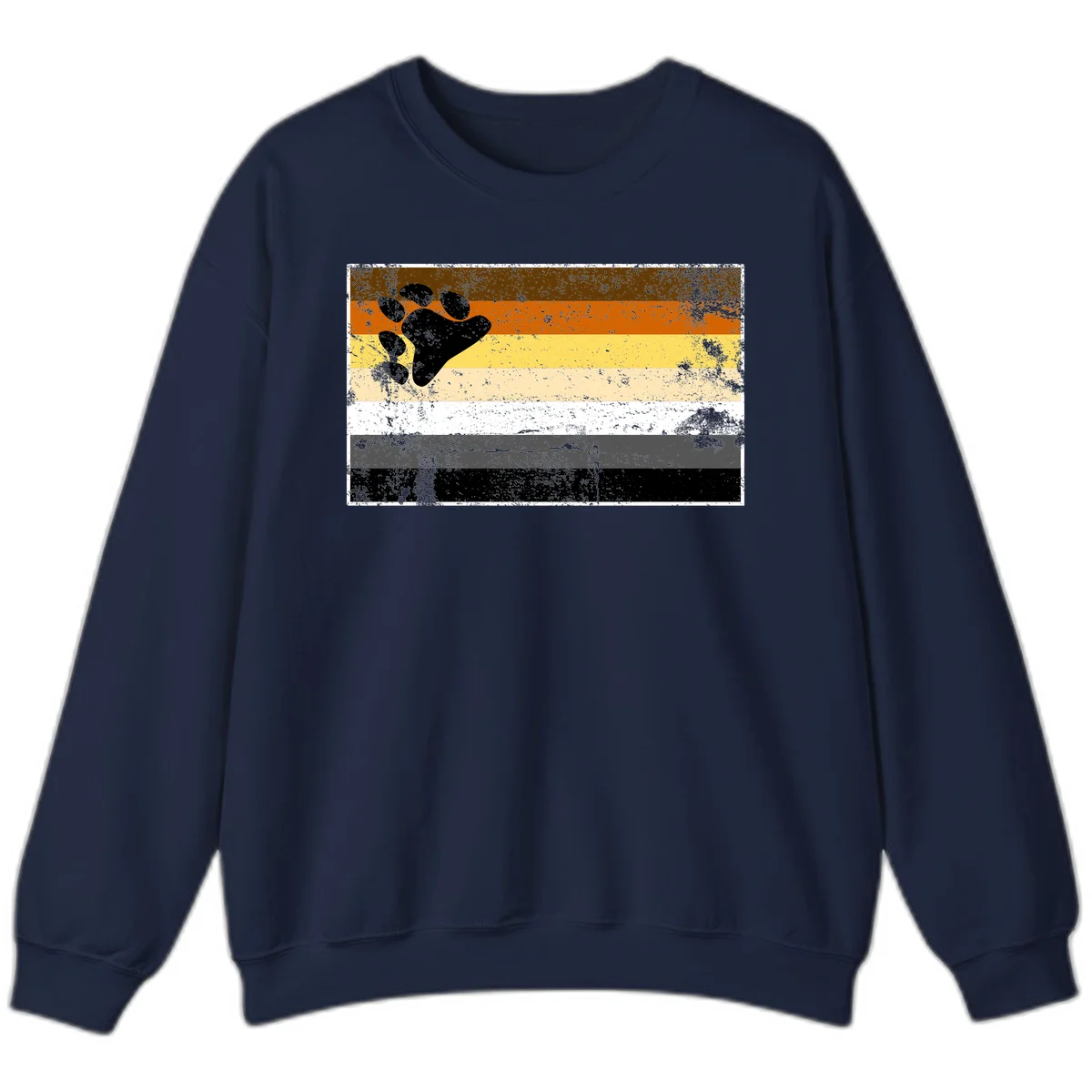 Black bear paw print on distressed horizontal striped pride flag in brown, orange, yellow, tan, white, gray and black colors in Navy