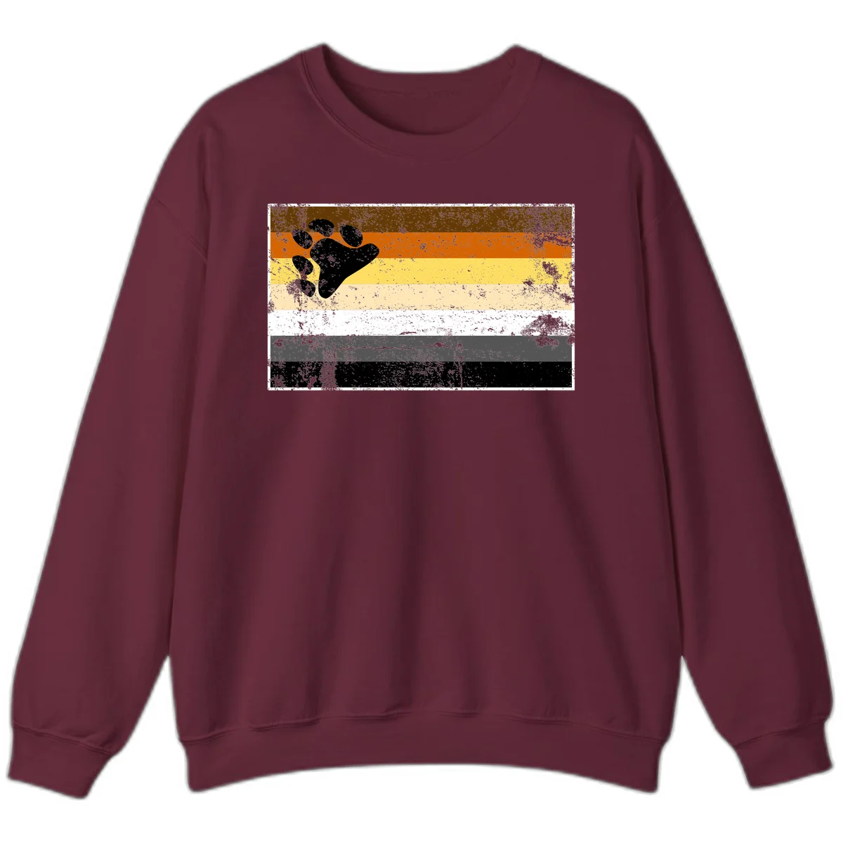 Black bear paw print on distressed horizontal striped pride flag in brown, orange, yellow, tan, white, gray and black colors in Maroon