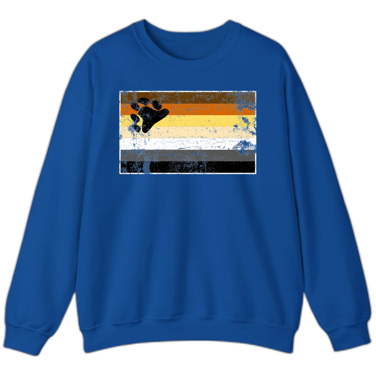 Black bear paw print on distressed horizontal striped pride flag in brown, orange, yellow, tan, white, gray and black colors in Royal