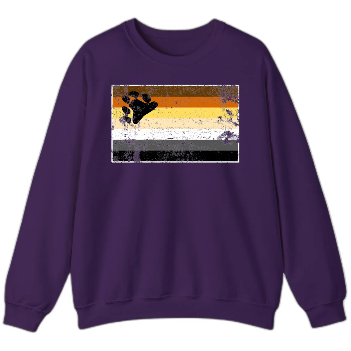 Black bear paw print on distressed horizontal striped pride flag in brown, orange, yellow, tan, white, gray and black colors in Purple