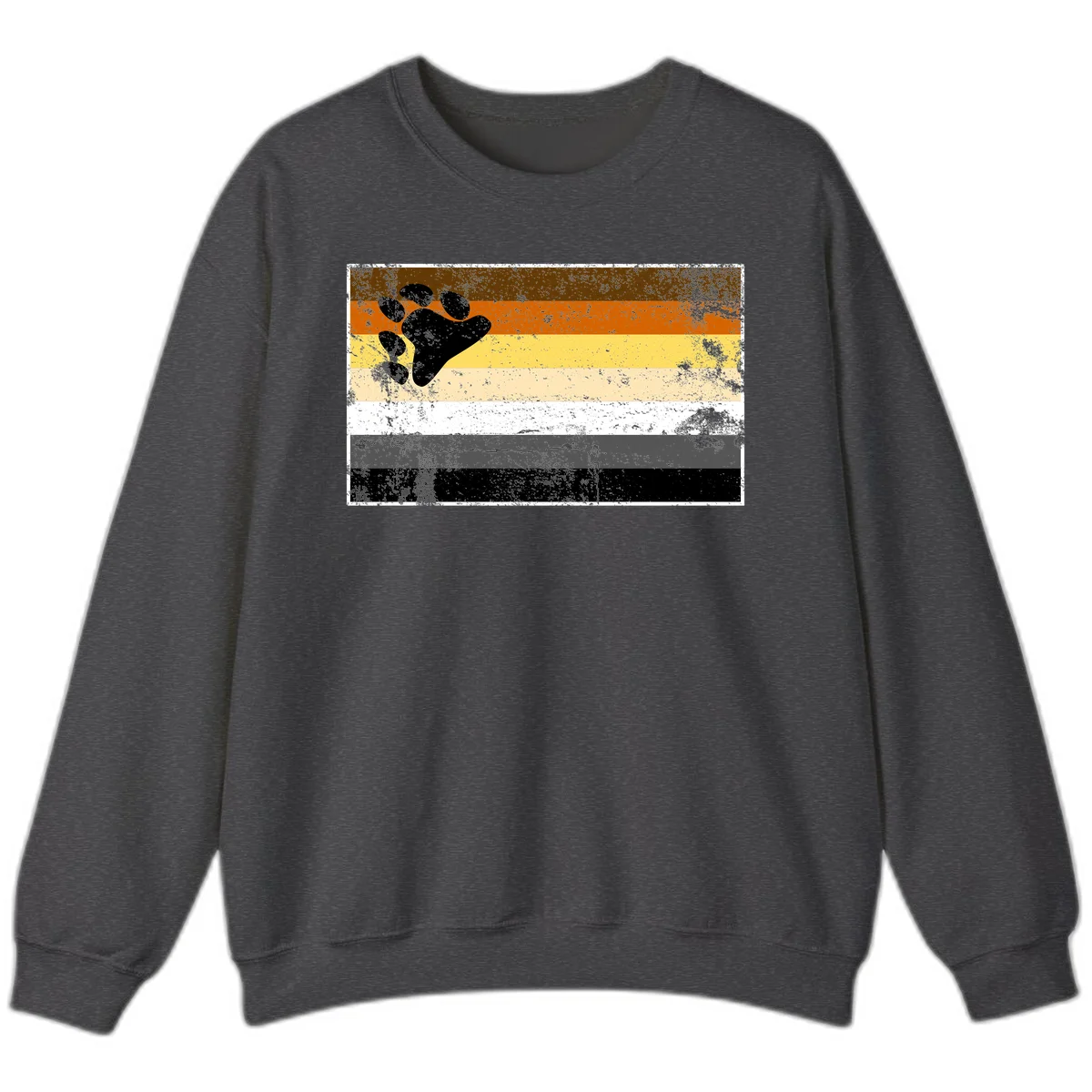 Black bear paw print on distressed horizontal striped pride flag in brown, orange, yellow, tan, white, gray and black colors in Dark Heather