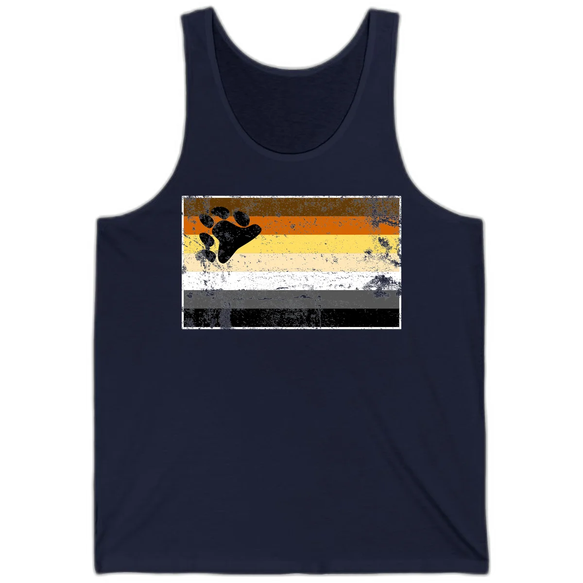 Black bear paw print on distressed horizontal striped pride flag in brown, orange, yellow, tan, white, gray and black colors in Navy