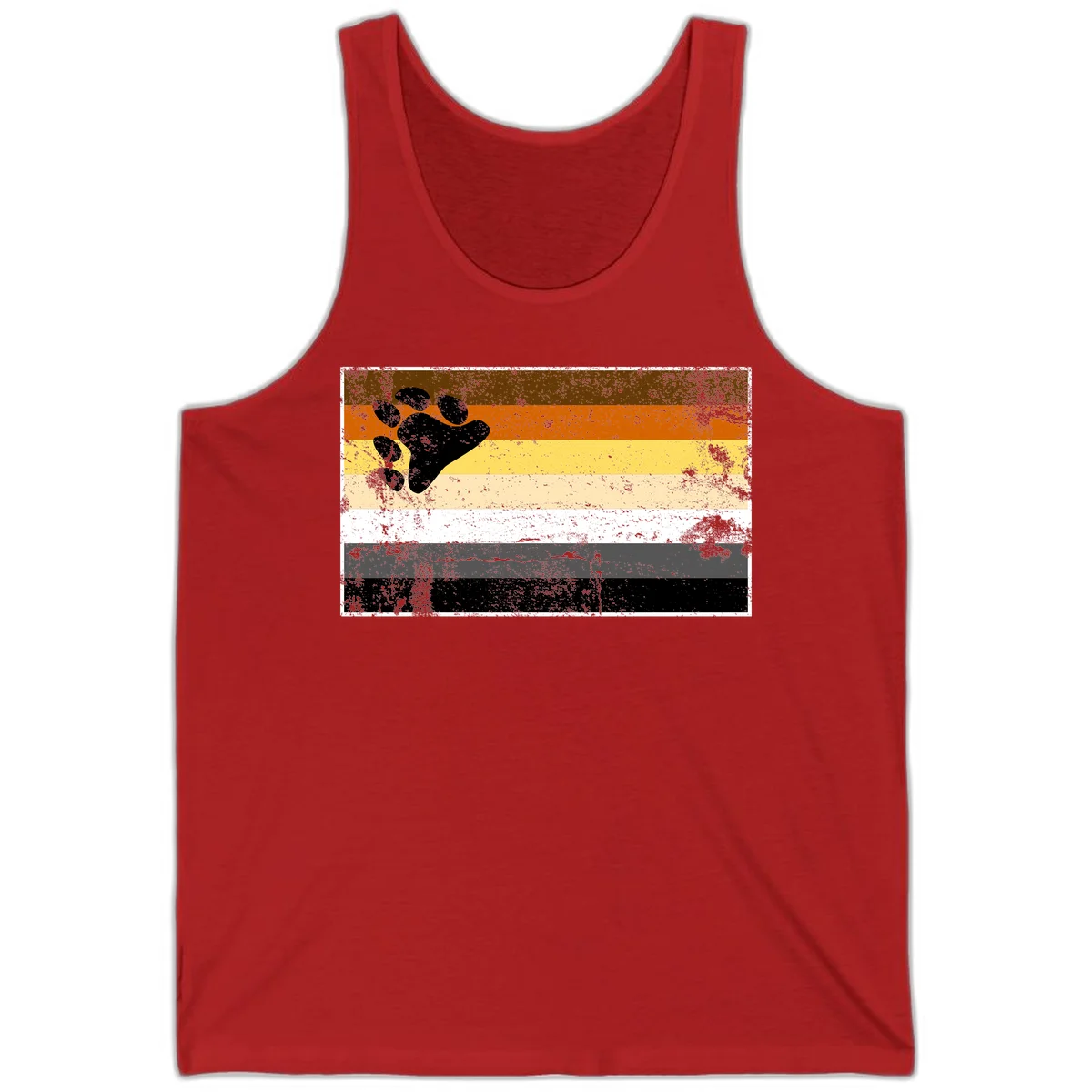 Black bear paw print on distressed horizontal striped pride flag in brown, orange, yellow, tan, white, gray and black colors in Red