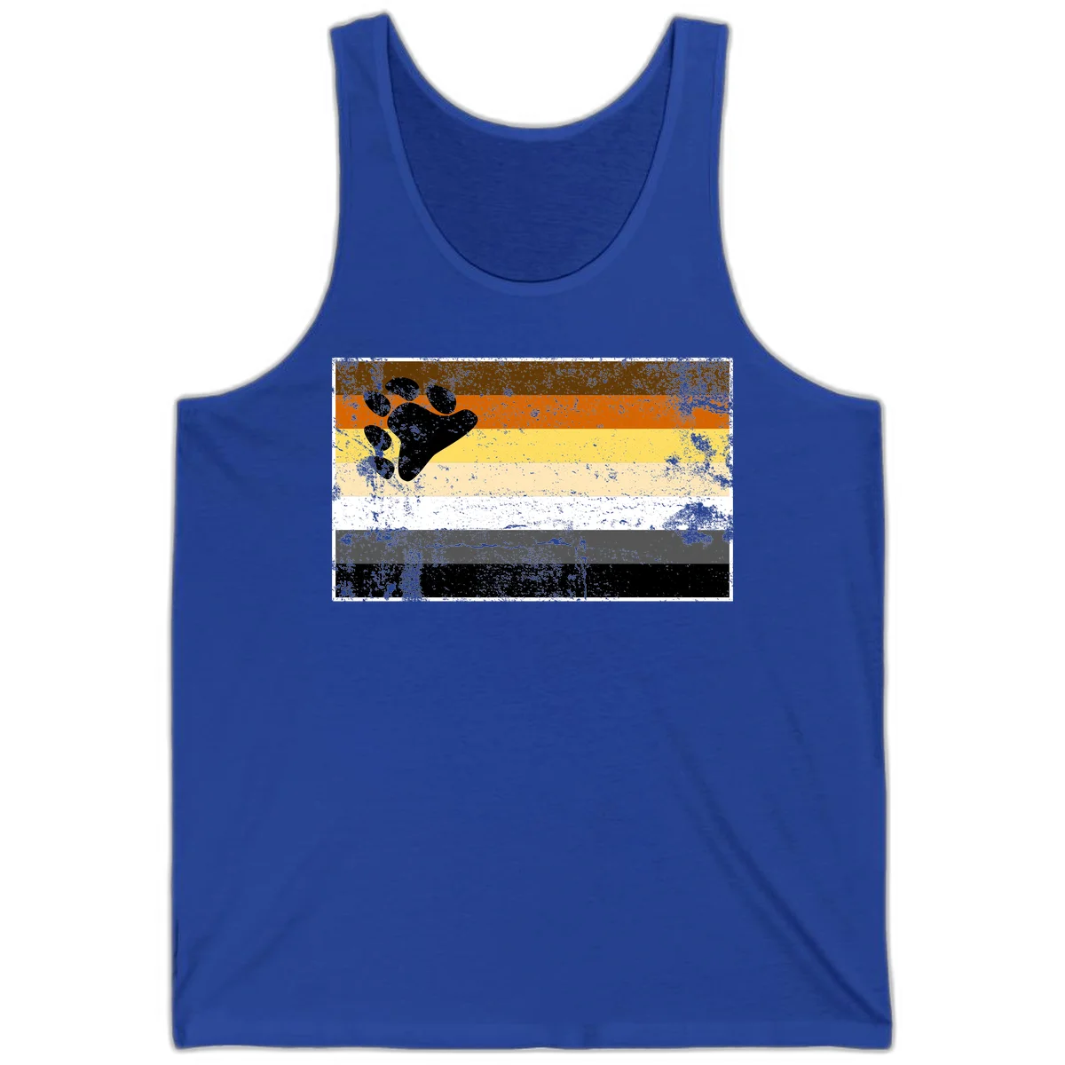 Black bear paw print on distressed horizontal striped pride flag in brown, orange, yellow, tan, white, gray and black colors in True Royal