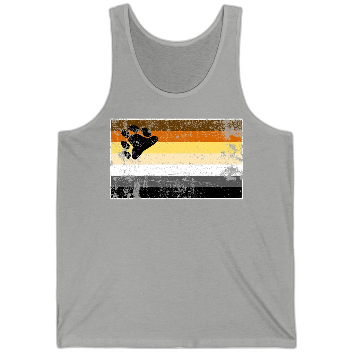 Black bear paw print on distressed horizontal striped pride flag in brown, orange, yellow, tan, white, gray and black colors in Athletic Heather