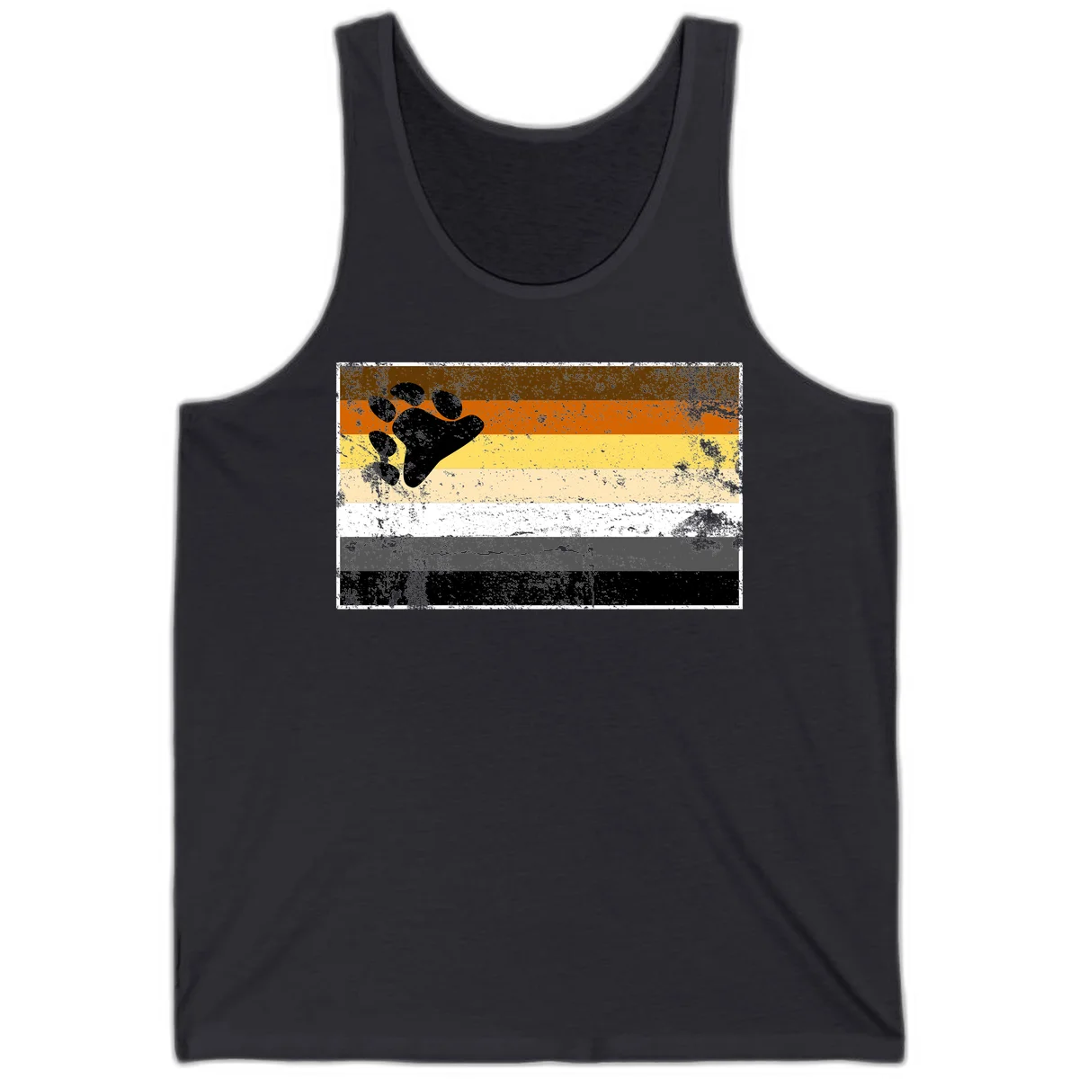 Black bear paw print on distressed horizontal striped pride flag in brown, orange, yellow, tan, white, gray and black colors in Dark Grey