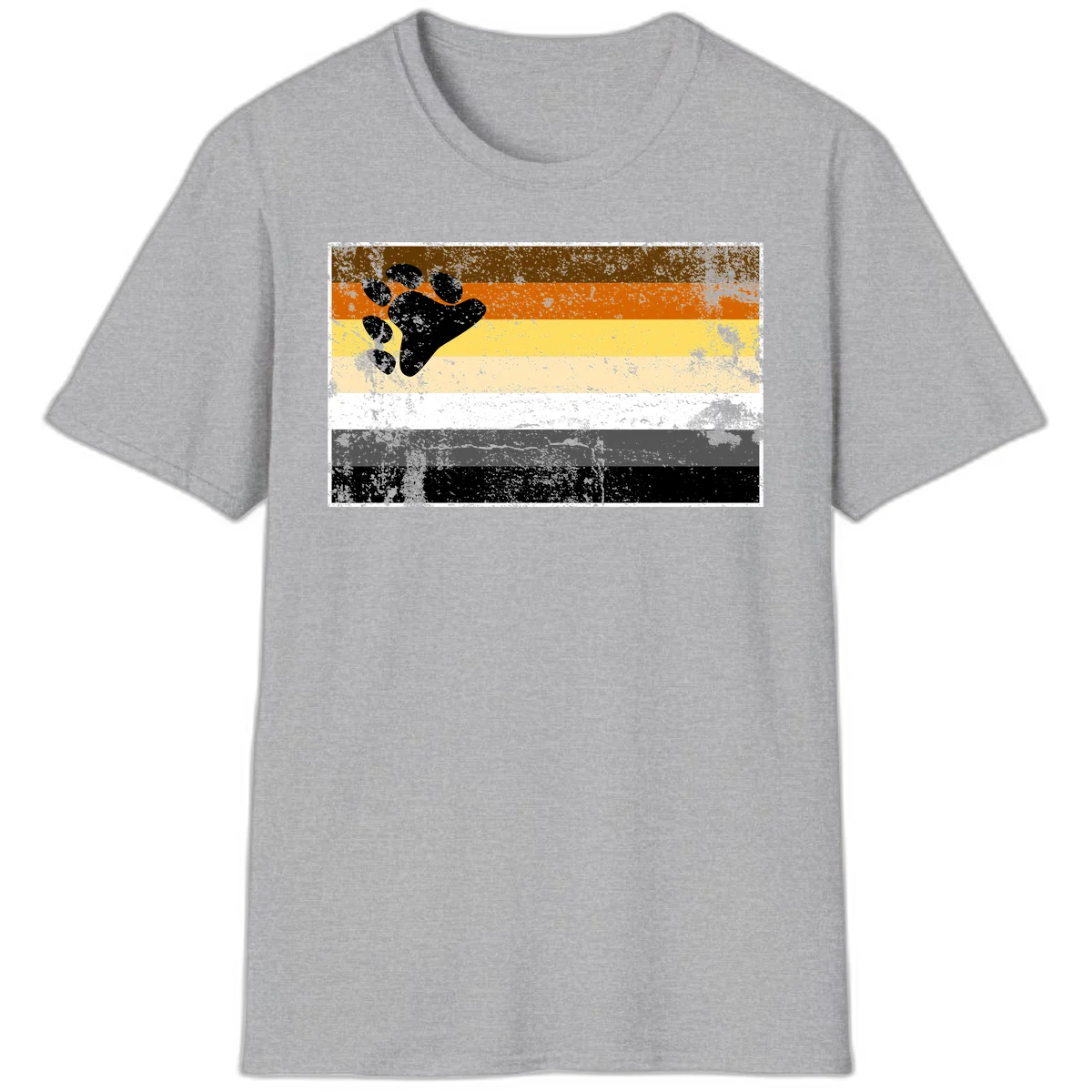 Black bear paw print on distressed horizontal striped pride flag in brown, orange, yellow, tan, white, gray and black colors in Sport Grey