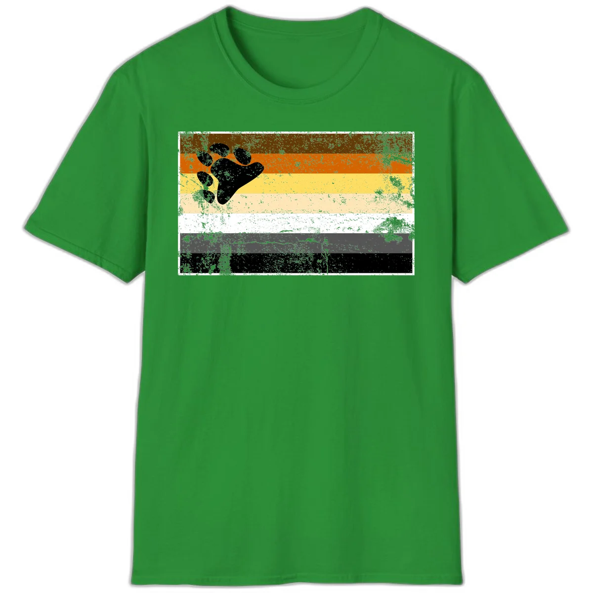 Black bear paw print on distressed horizontal striped pride flag in brown, orange, yellow, tan, white, gray and black colors in Irish Green
