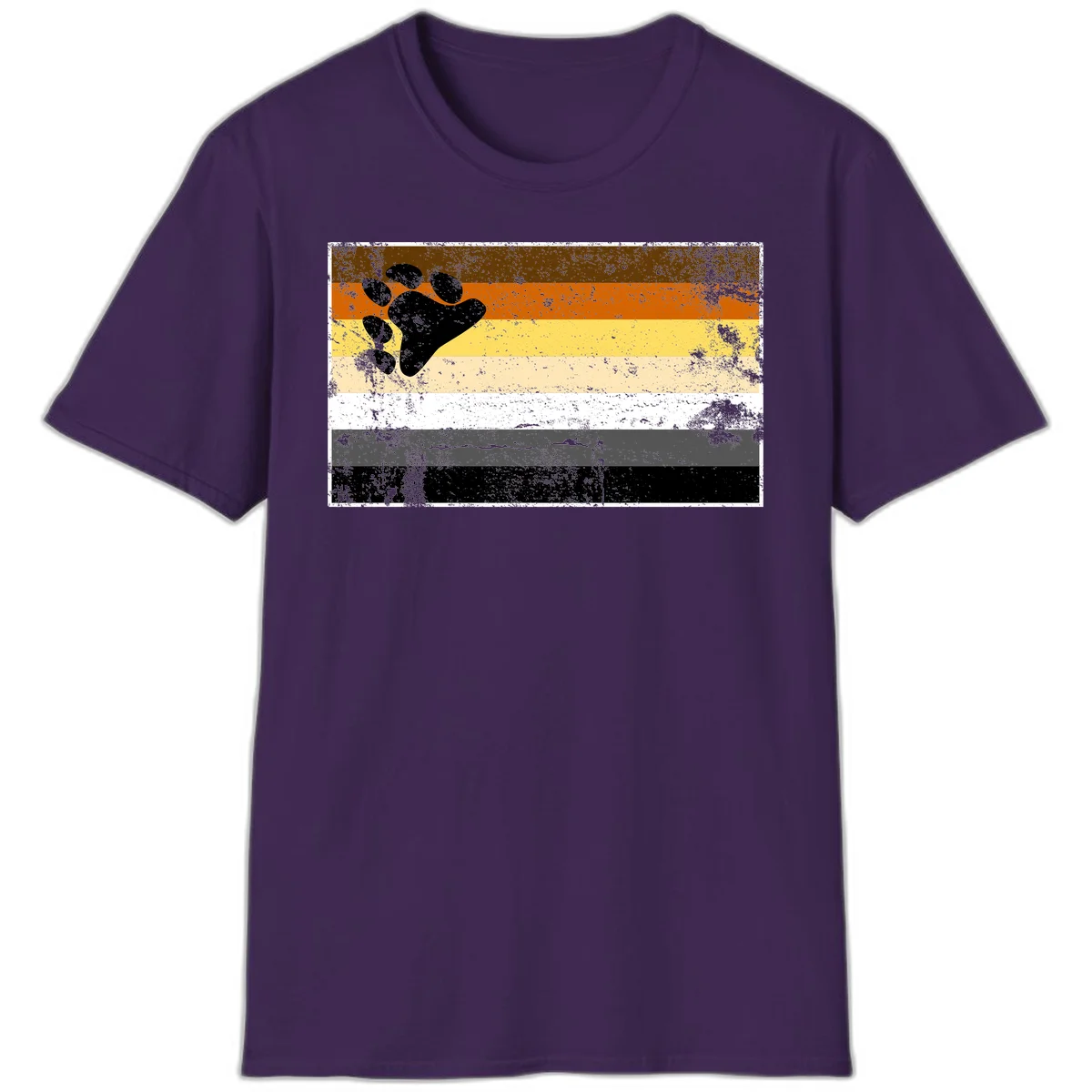 Black bear paw print on distressed horizontal striped pride flag in brown, orange, yellow, tan, white, gray and black colors in Purple