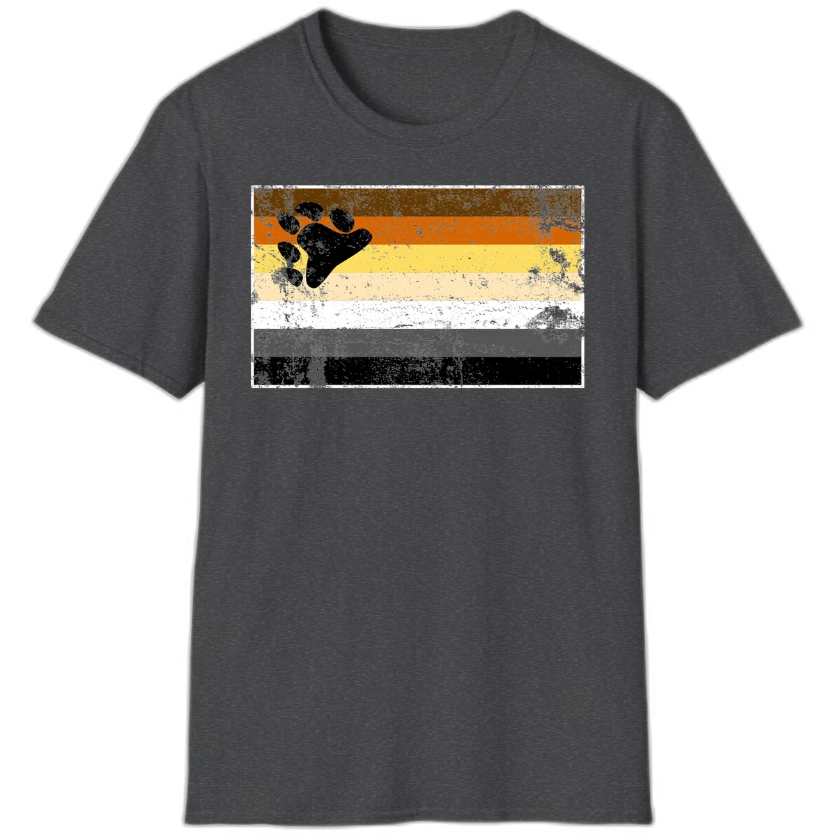 Black bear paw print on distressed horizontal striped pride flag in brown, orange, yellow, tan, white, gray and black colors in Dark Heather