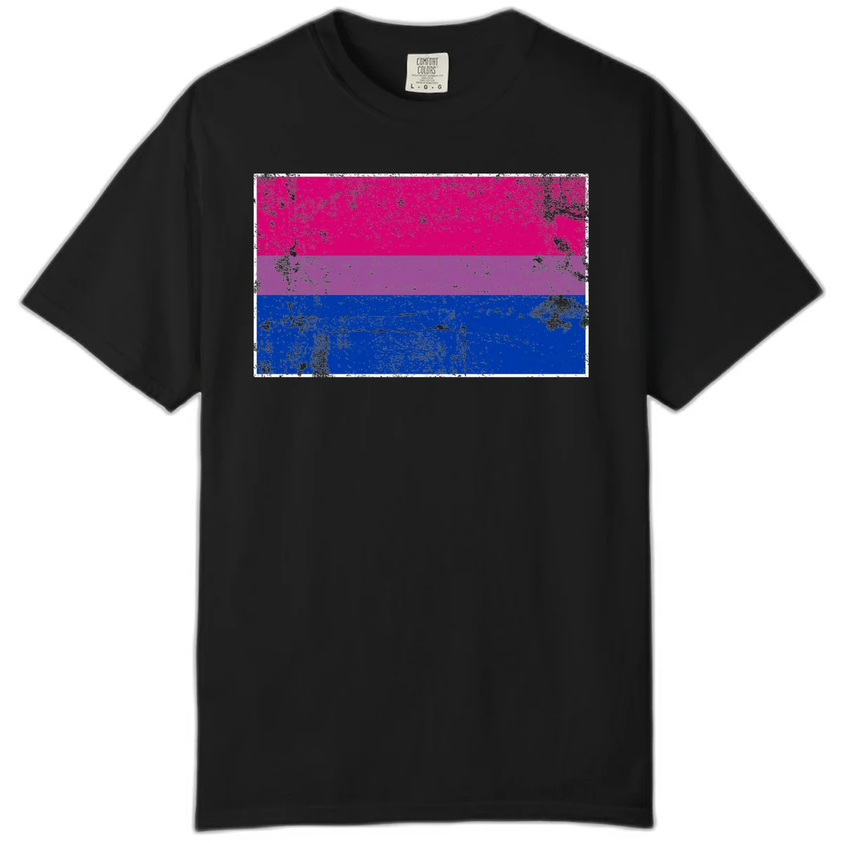Distressed bisexual pride flag with magenta, purple, and blue horizontal stripes featuring weathered grunge texture overlay in Black