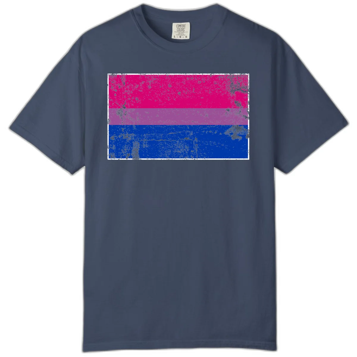 Distressed bisexual pride flag with magenta, purple, and blue horizontal stripes featuring weathered grunge texture overlay in Midnight