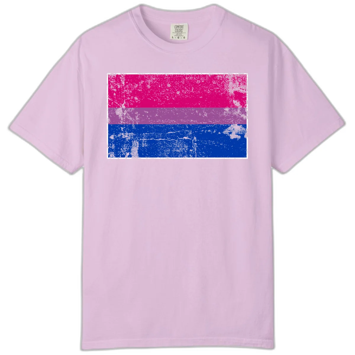 Distressed bisexual pride flag with magenta, purple, and blue horizontal stripes featuring weathered grunge texture overlay in Orchid