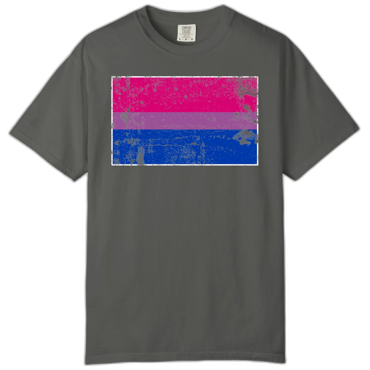 Distressed bisexual pride flag with magenta, purple, and blue horizontal stripes featuring weathered grunge texture overlay in Pepper