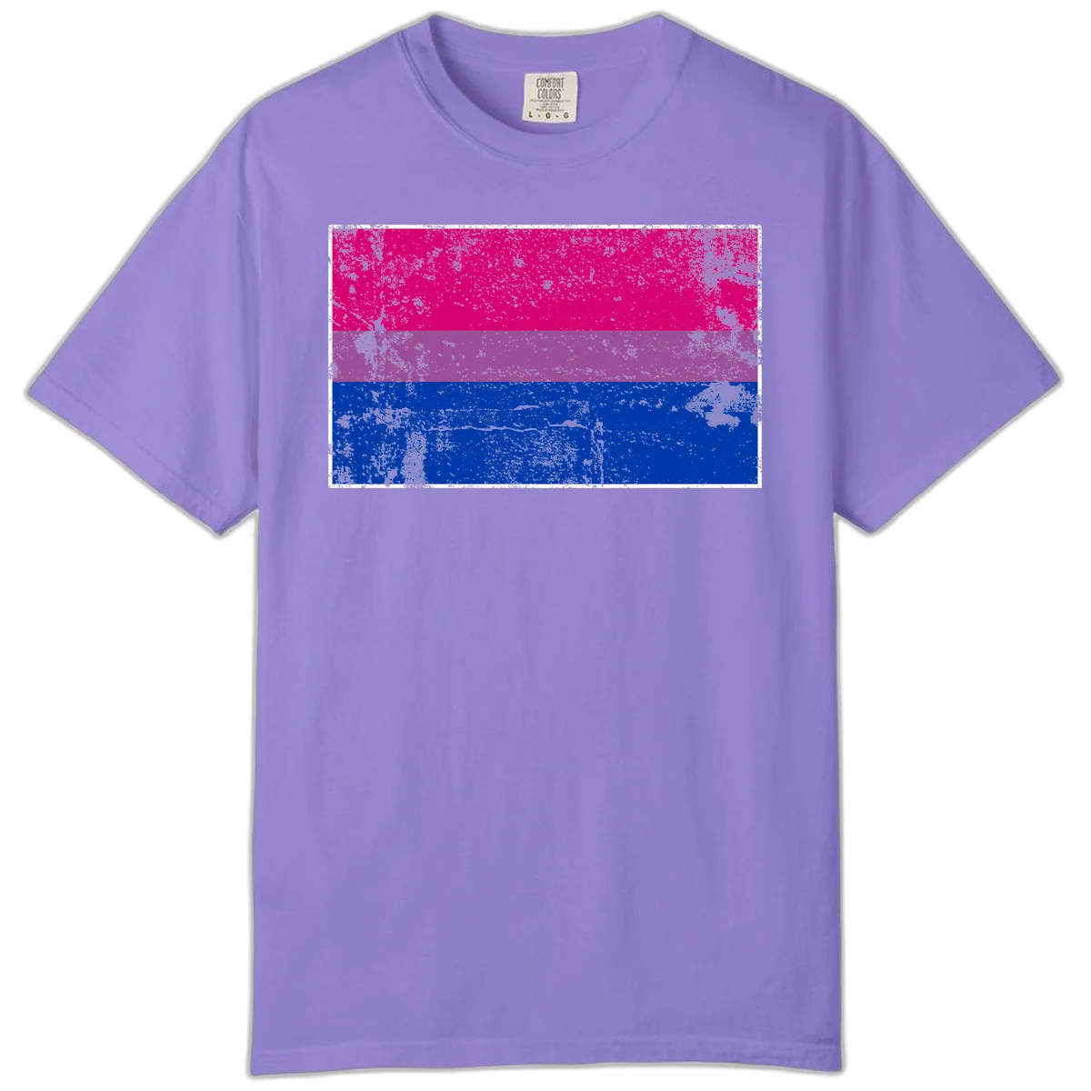 Distressed bisexual pride flag with magenta, purple, and blue horizontal stripes featuring weathered grunge texture overlay in Violet