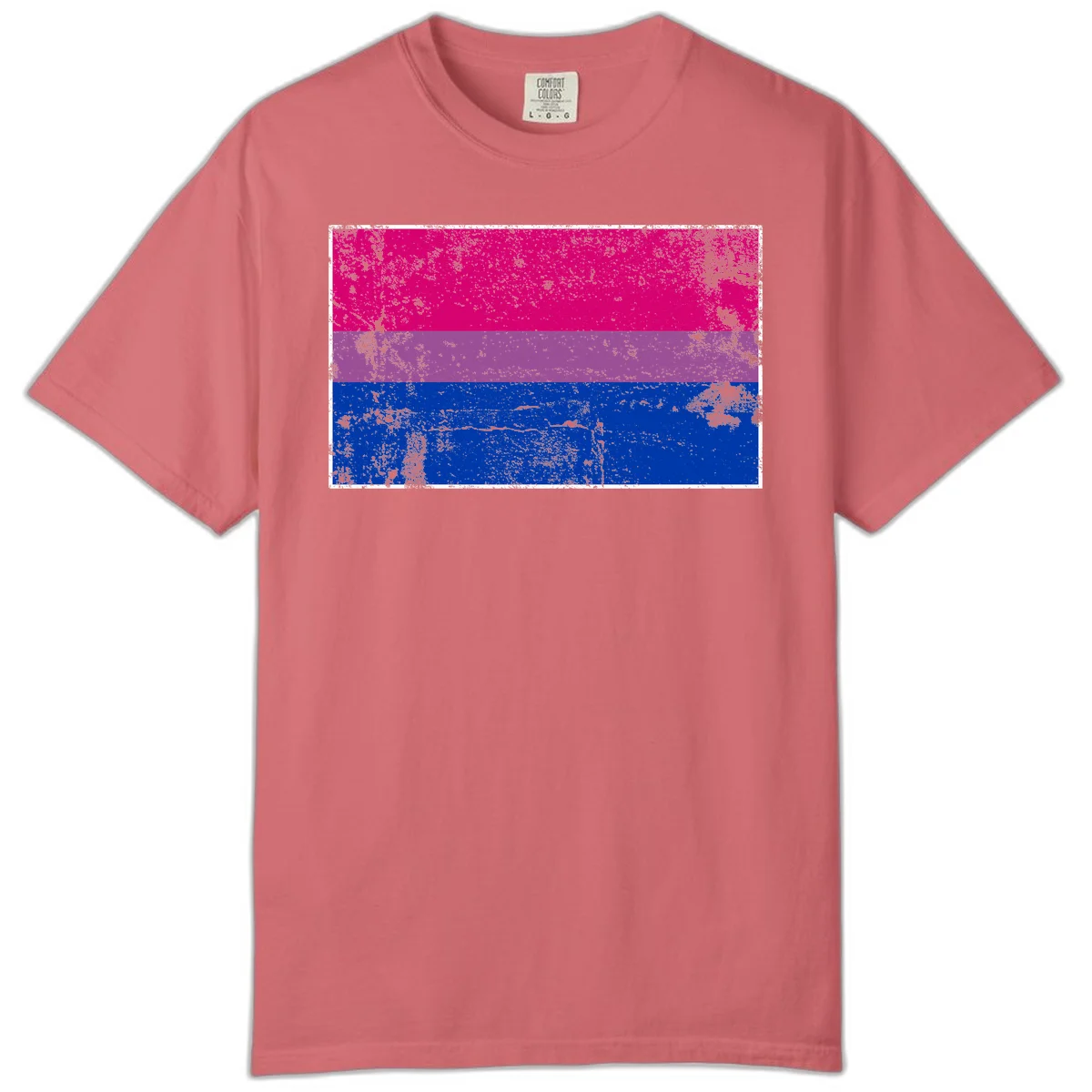 Distressed bisexual pride flag with magenta, purple, and blue horizontal stripes featuring weathered grunge texture overlay in Watermelon