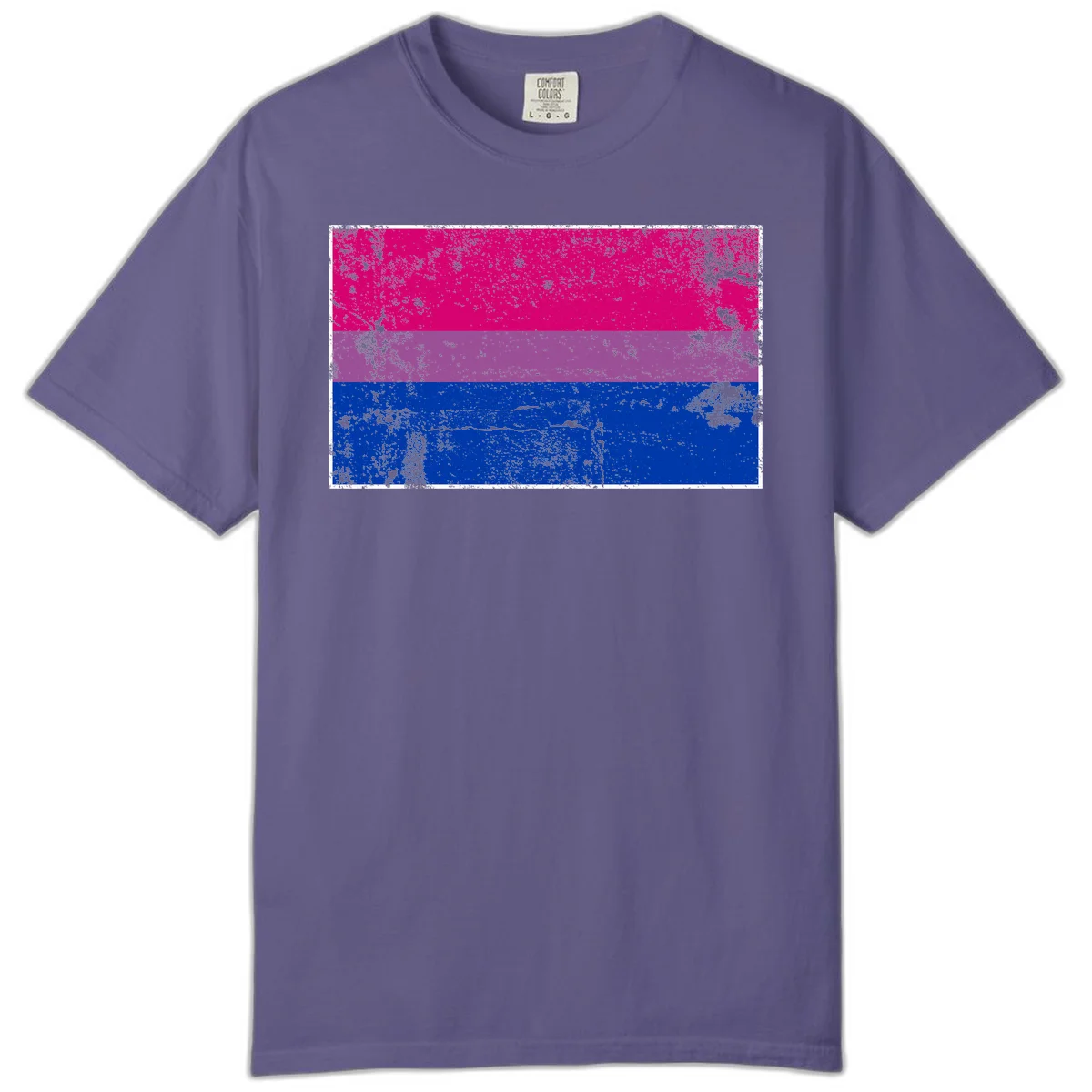Distressed bisexual pride flag with magenta, purple, and blue horizontal stripes featuring weathered grunge texture overlay in Grape