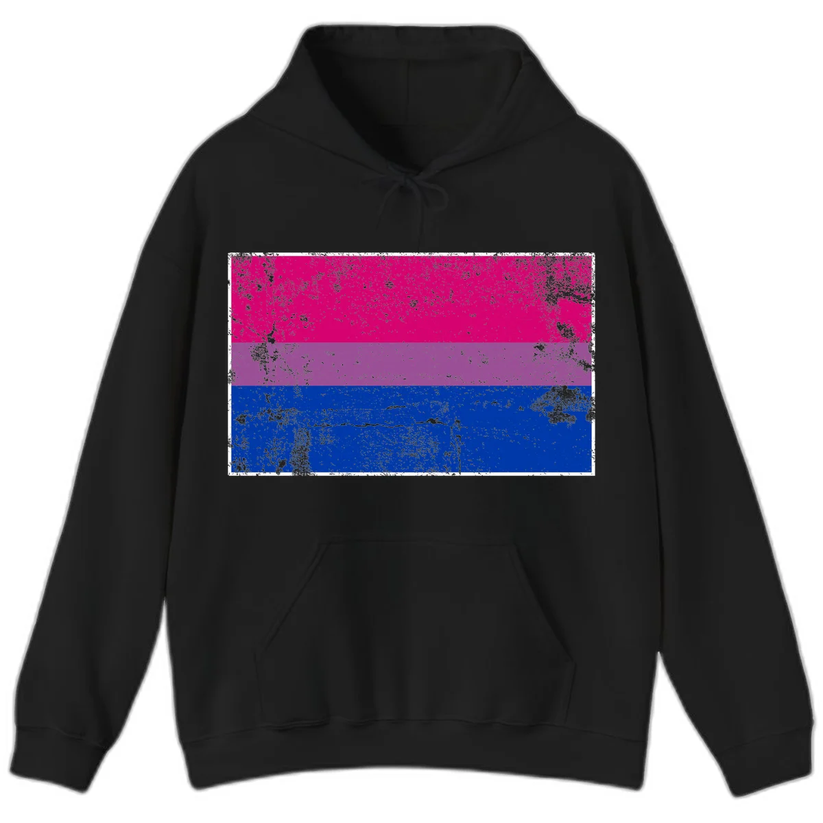 Distressed bisexual pride flag with magenta, purple, and blue horizontal stripes featuring weathered grunge texture overlay in Black
