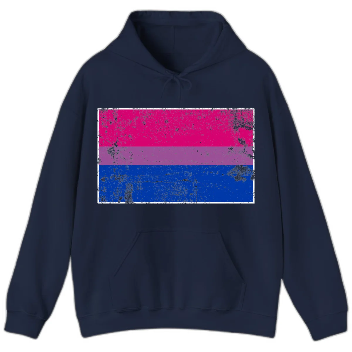 Distressed bisexual pride flag with magenta, purple, and blue horizontal stripes featuring weathered grunge texture overlay in Navy