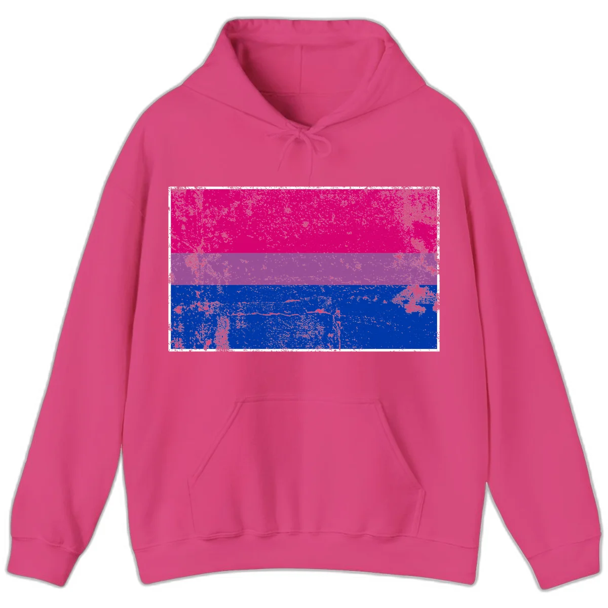 Distressed bisexual pride flag with magenta, purple, and blue horizontal stripes featuring weathered grunge texture overlay in Heliconia