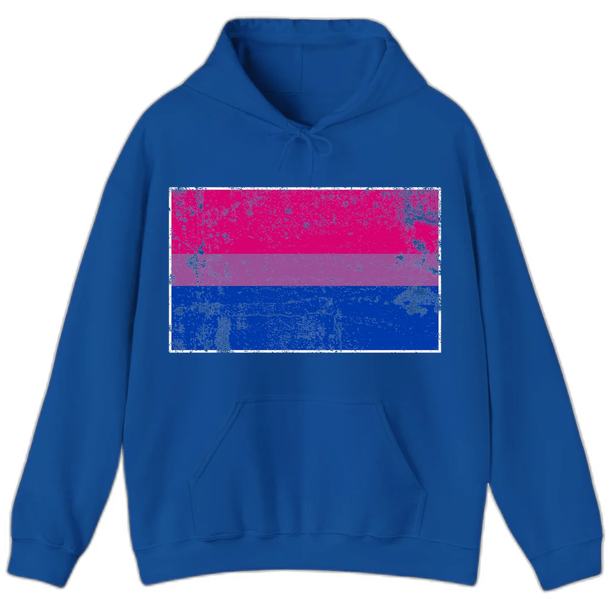 Distressed bisexual pride flag with magenta, purple, and blue horizontal stripes featuring weathered grunge texture overlay in Royal