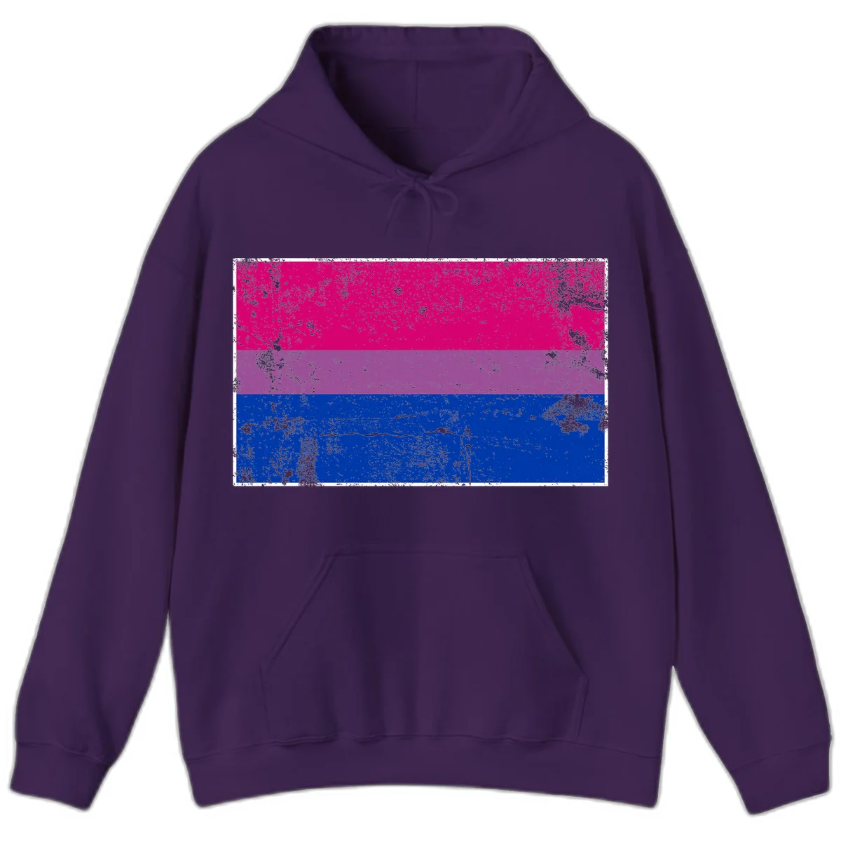 Distressed bisexual pride flag with magenta, purple, and blue horizontal stripes featuring weathered grunge texture overlay in Purple