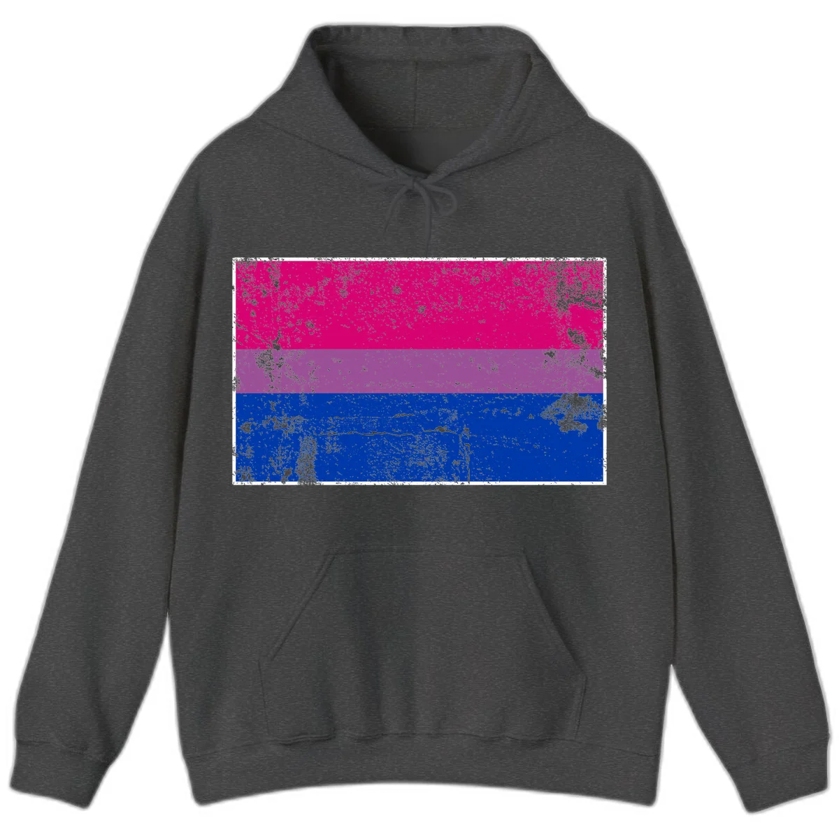 Distressed bisexual pride flag with magenta, purple, and blue horizontal stripes featuring weathered grunge texture overlay in Dark Heather