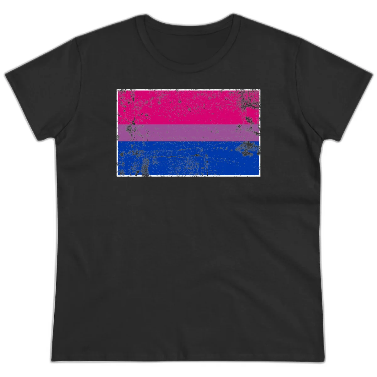 Distressed bisexual pride flag with magenta, purple, and blue horizontal stripes featuring weathered grunge texture overlay in Black