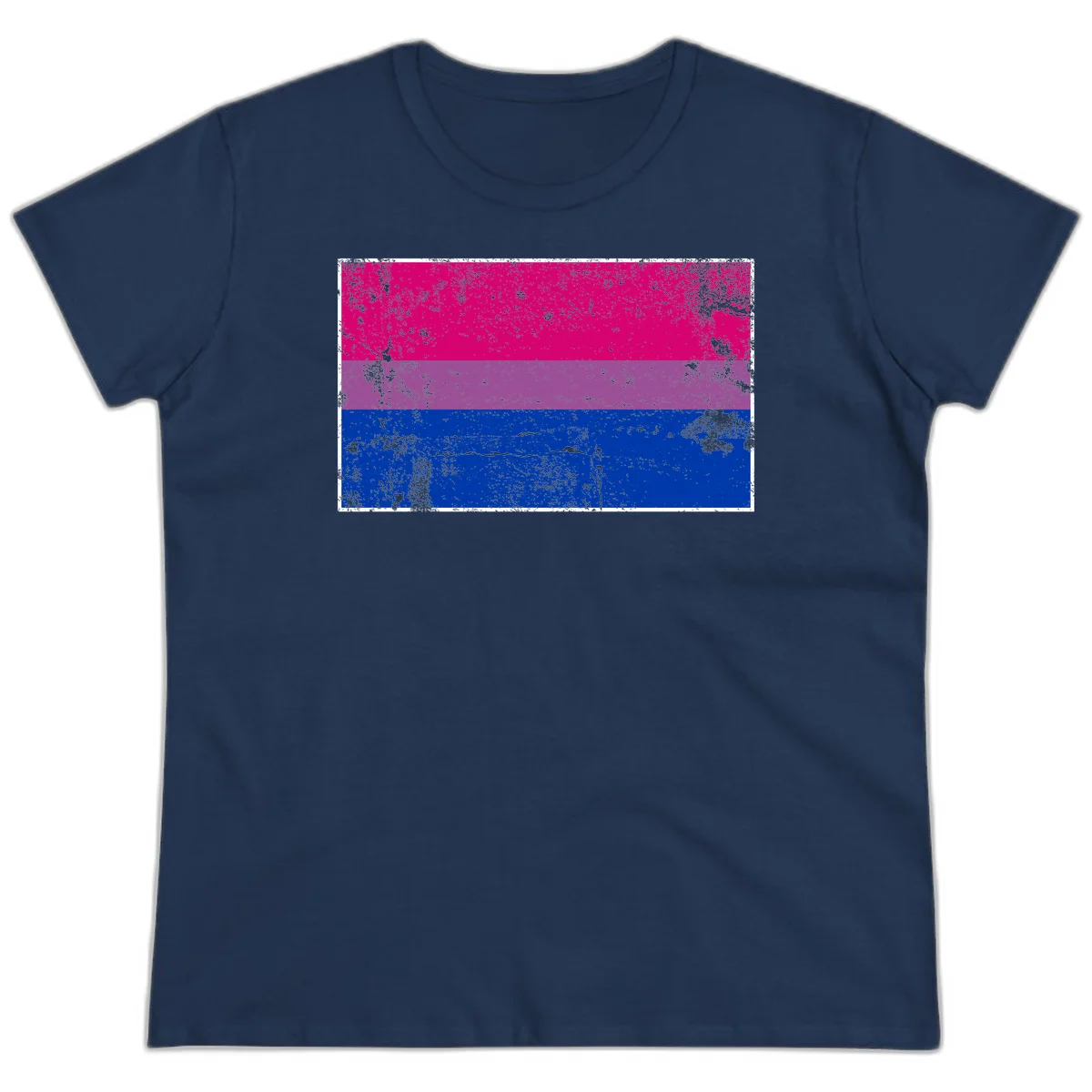 Distressed bisexual pride flag with magenta, purple, and blue horizontal stripes featuring weathered grunge texture overlay in Navy