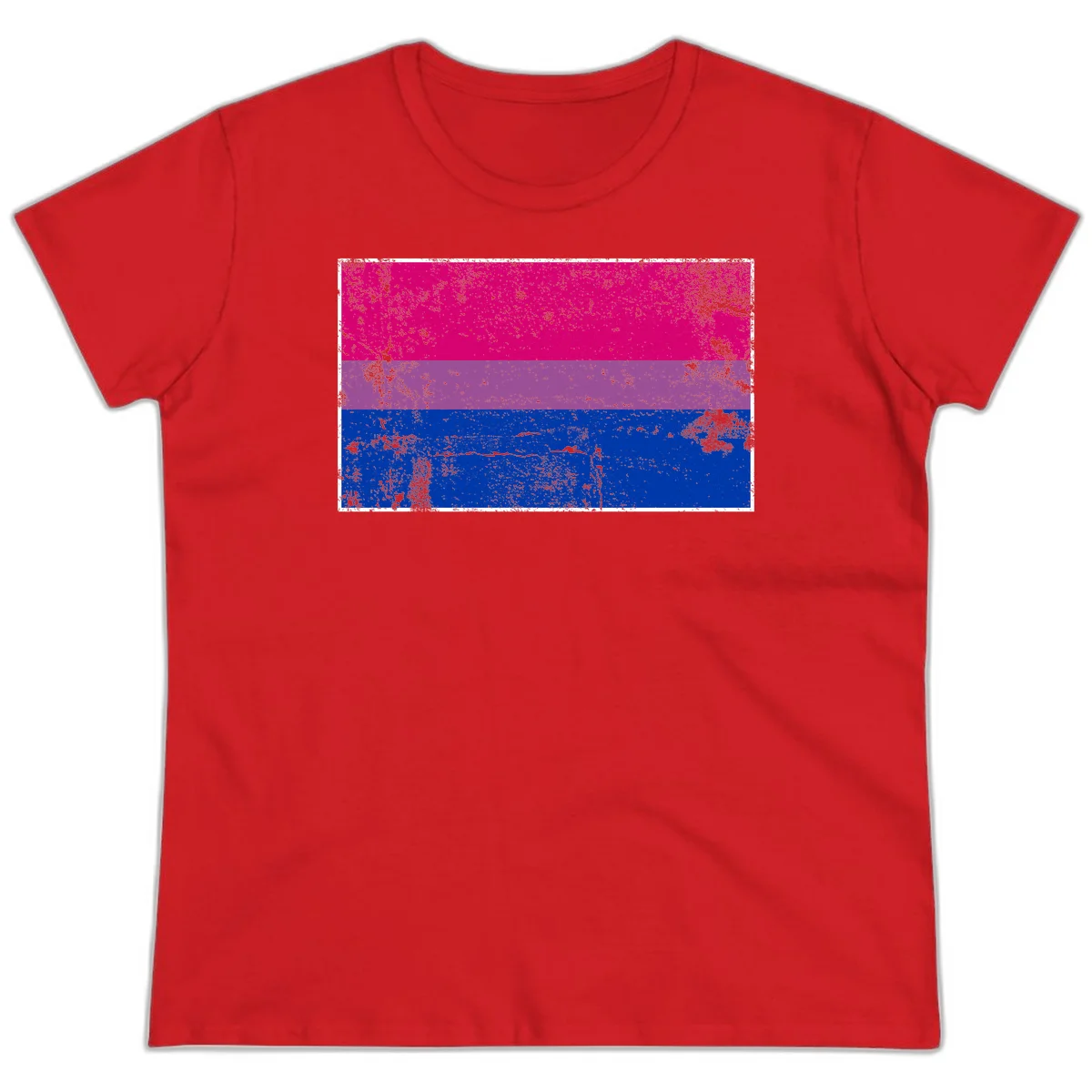 Distressed bisexual pride flag with magenta, purple, and blue horizontal stripes featuring weathered grunge texture overlay in Red