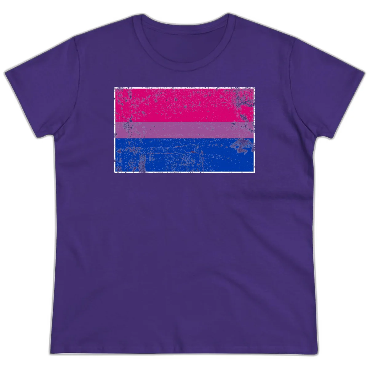 Distressed bisexual pride flag with magenta, purple, and blue horizontal stripes featuring weathered grunge texture overlay in Purple