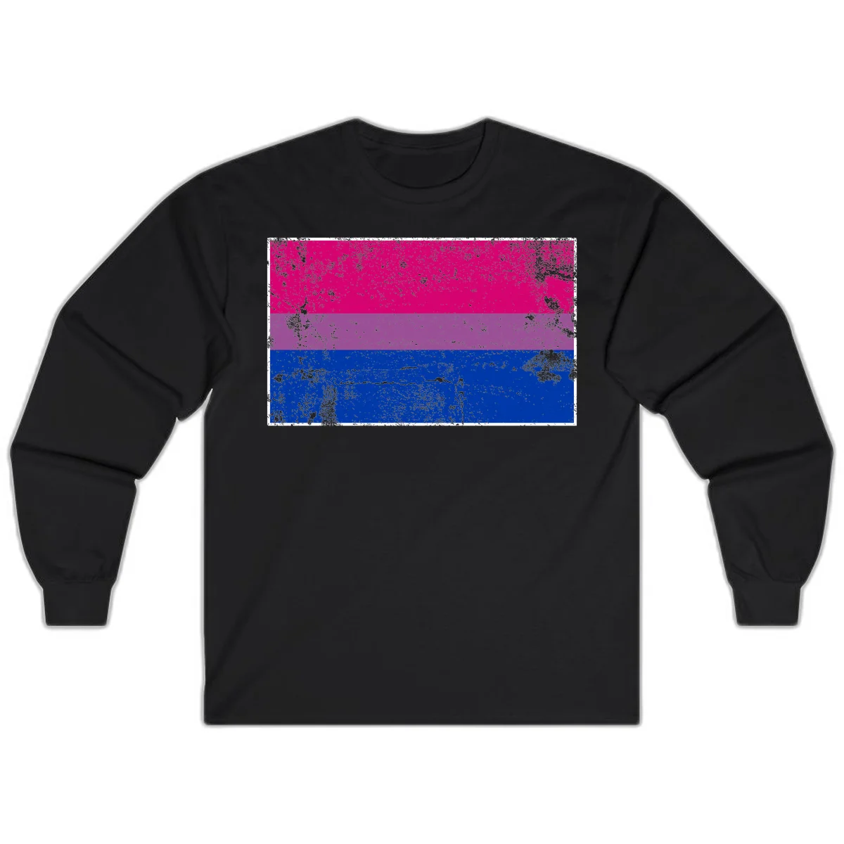 Distressed bisexual pride flag with magenta, purple, and blue horizontal stripes featuring weathered grunge texture overlay in Black