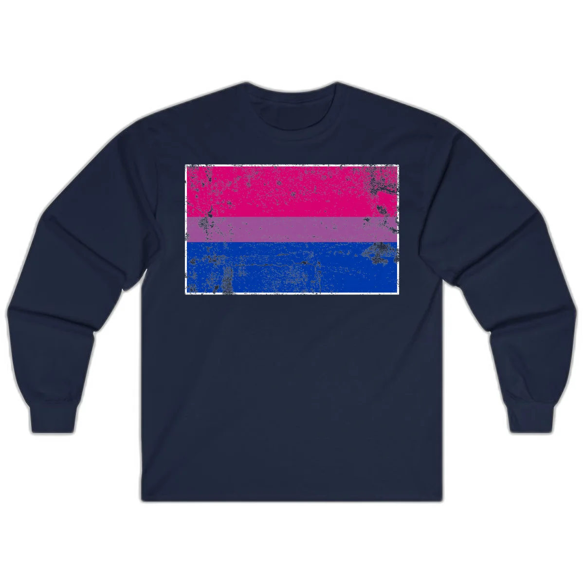 Distressed bisexual pride flag with magenta, purple, and blue horizontal stripes featuring weathered grunge texture overlay in Navy