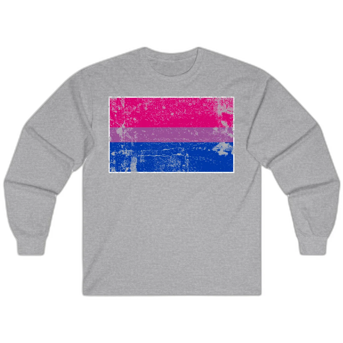 Distressed bisexual pride flag with magenta, purple, and blue horizontal stripes featuring weathered grunge texture overlay in Sport Grey