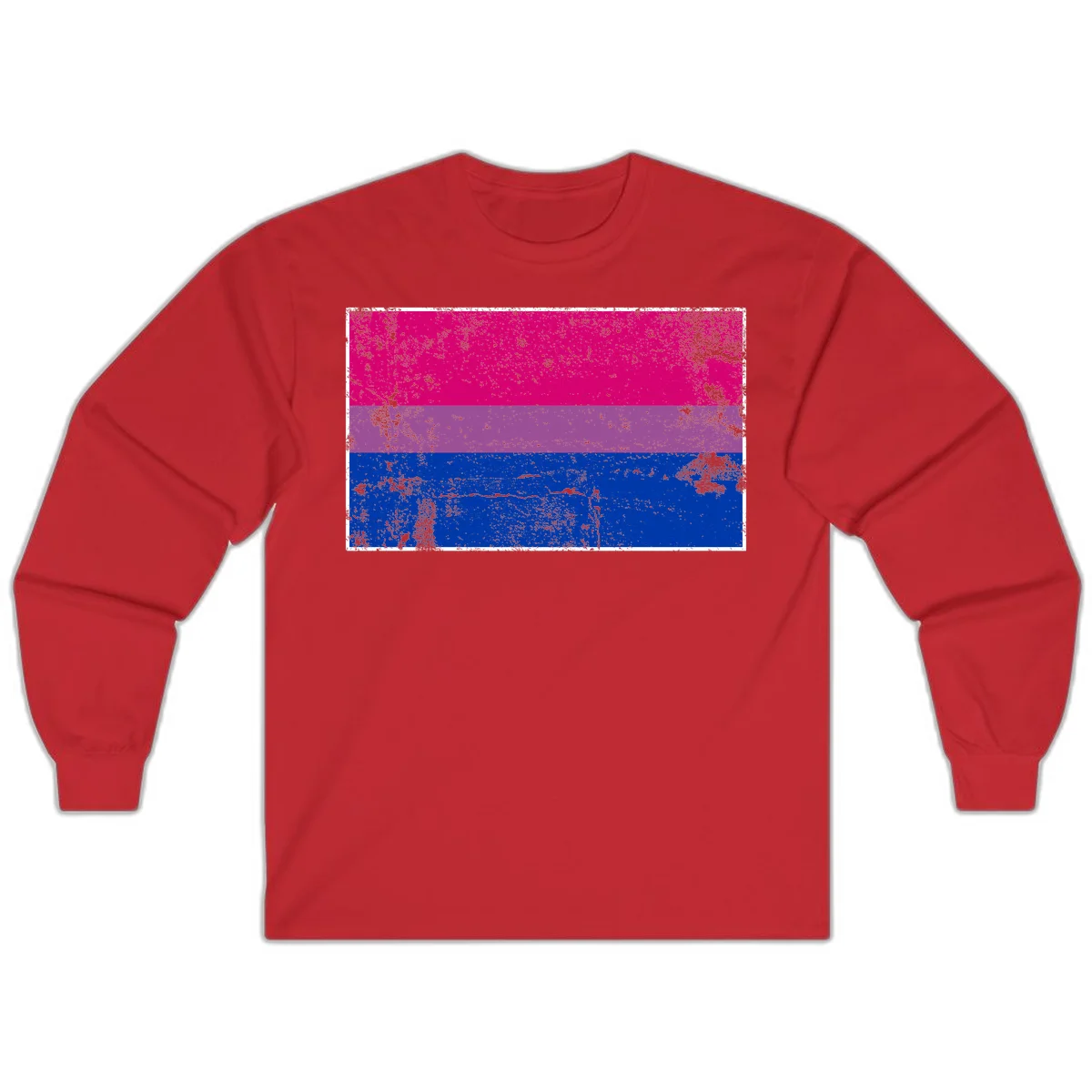 Distressed bisexual pride flag with magenta, purple, and blue horizontal stripes featuring weathered grunge texture overlay in Red