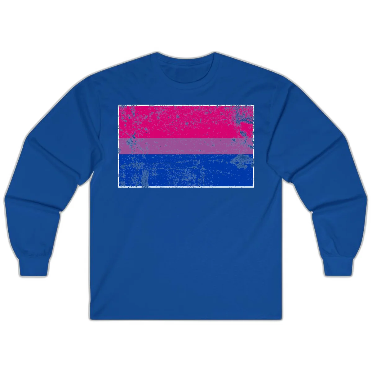 Distressed bisexual pride flag with magenta, purple, and blue horizontal stripes featuring weathered grunge texture overlay in Royal